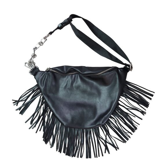 Sacred Hawk Fringe Waist Bag Black Faux Leather cross body boho Rocker bag - Picture 7 of 8